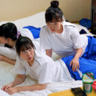 【画像＆動画】 修学旅行の夜、こっそり布団の中で何度もイカセてレズに目覚めさせてしまった同級生に数年後…夫が近くにいるのに密着スロー乳首舐めでレズ返しされた私